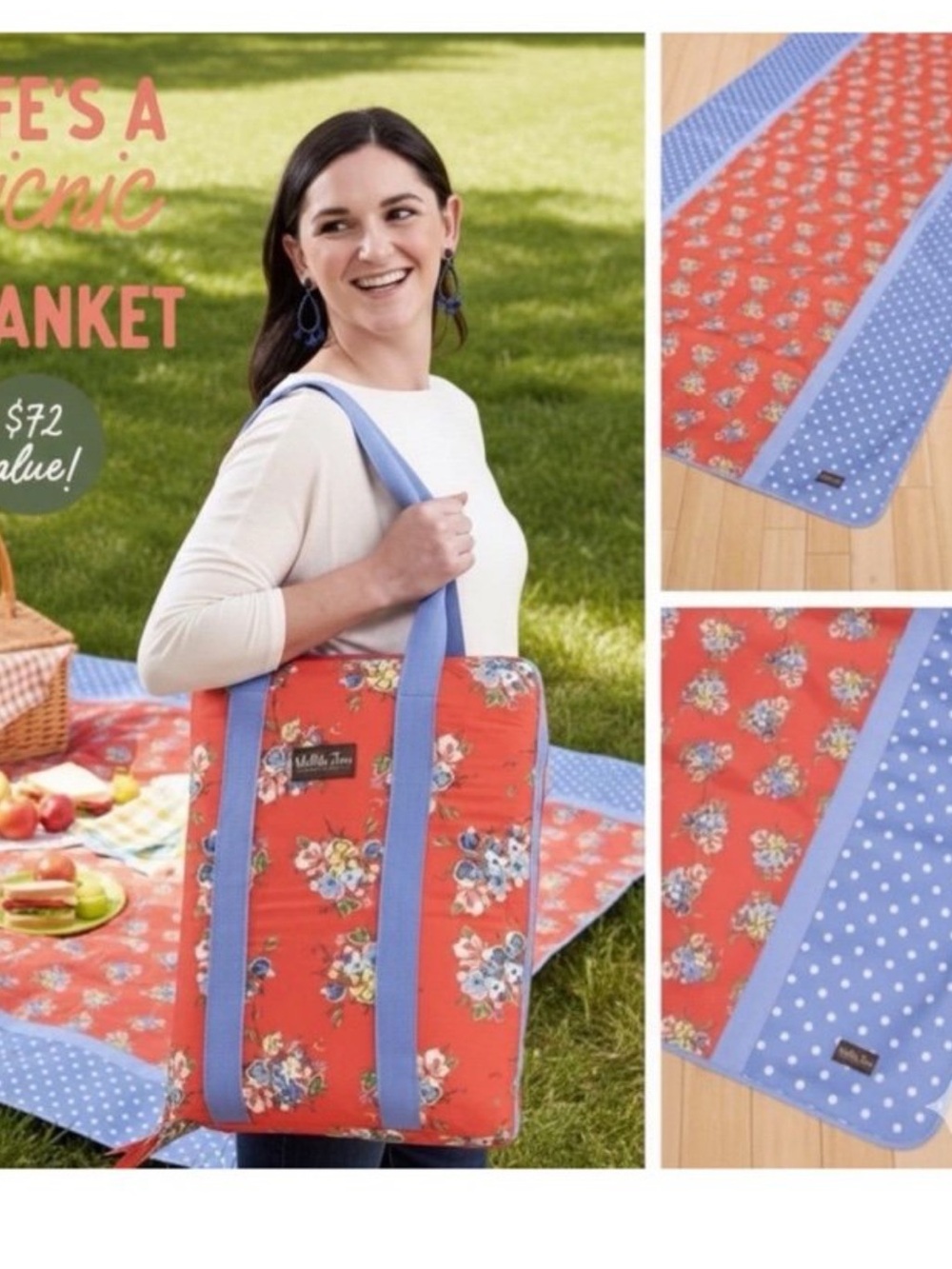 Matilda Jane Let’s Go Together Life A Picnic Blanket Orange Blue 87x54 Tote Bag